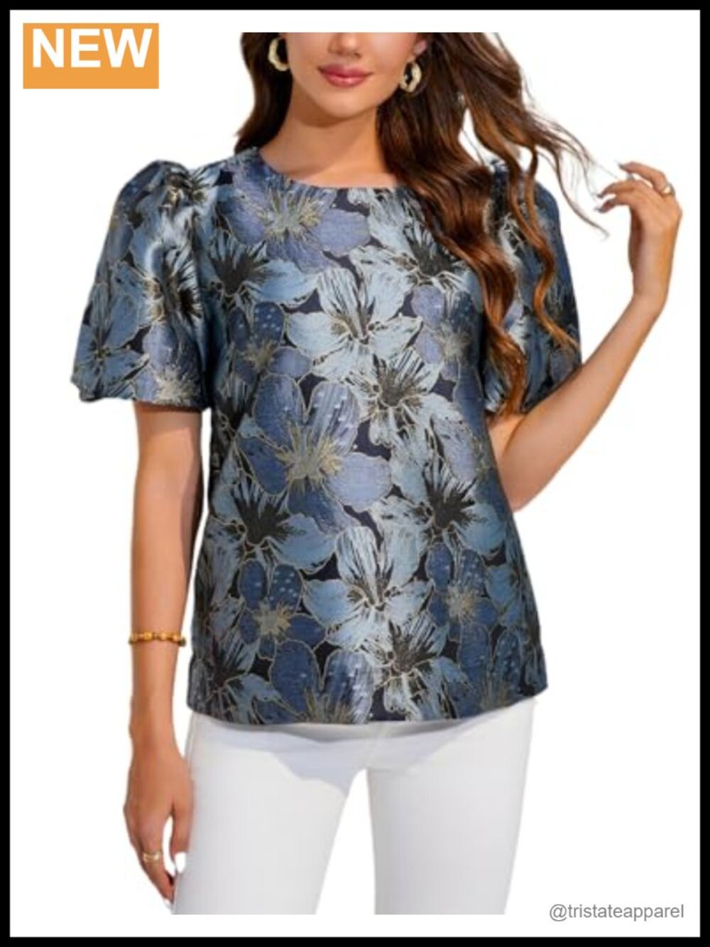 Women's Floral Jacquard Puff Sleeve Blouse Button Down Top